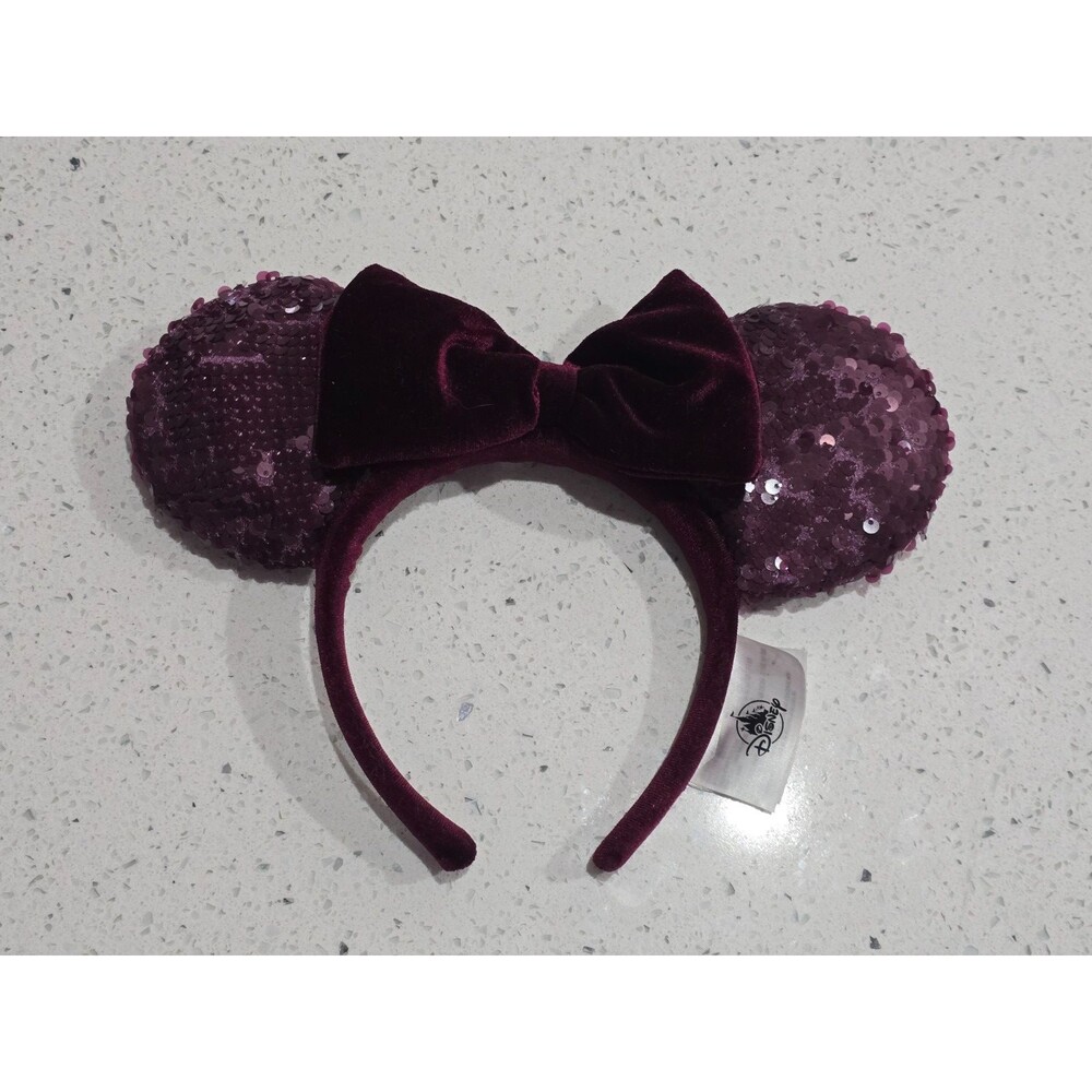 Disney Parks Burgundy Wine Red Sequins Velvet Bow Minnie Ears Headband 2021